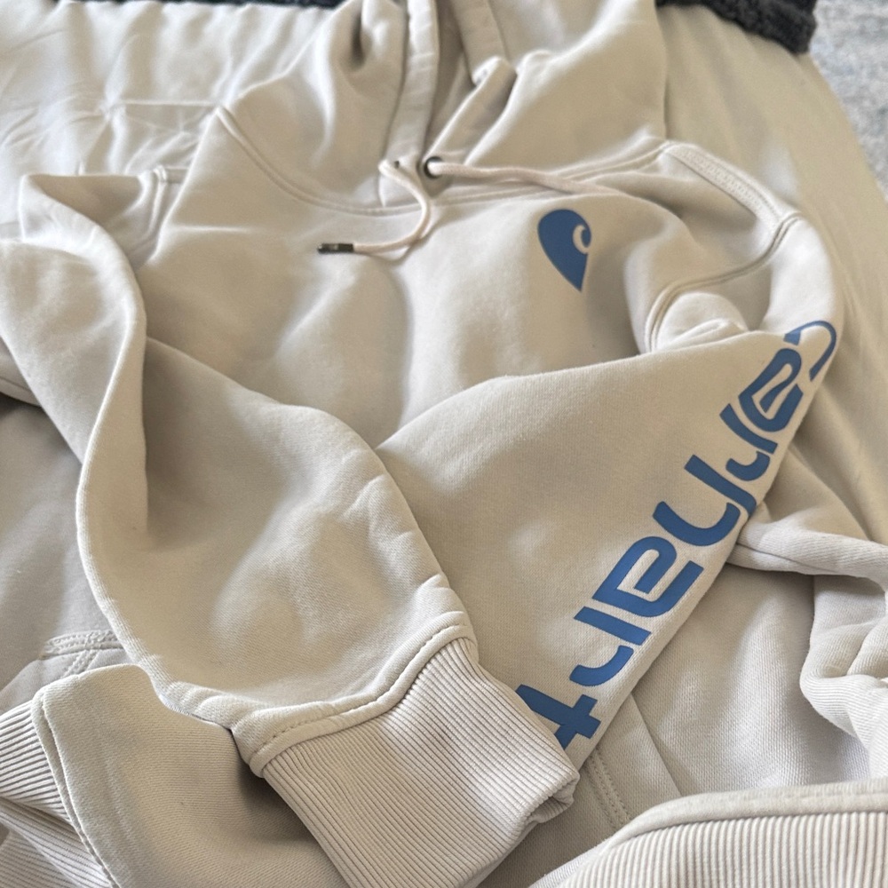 Carhartt Light Tan Hoodie with Blue Sleeve Logo